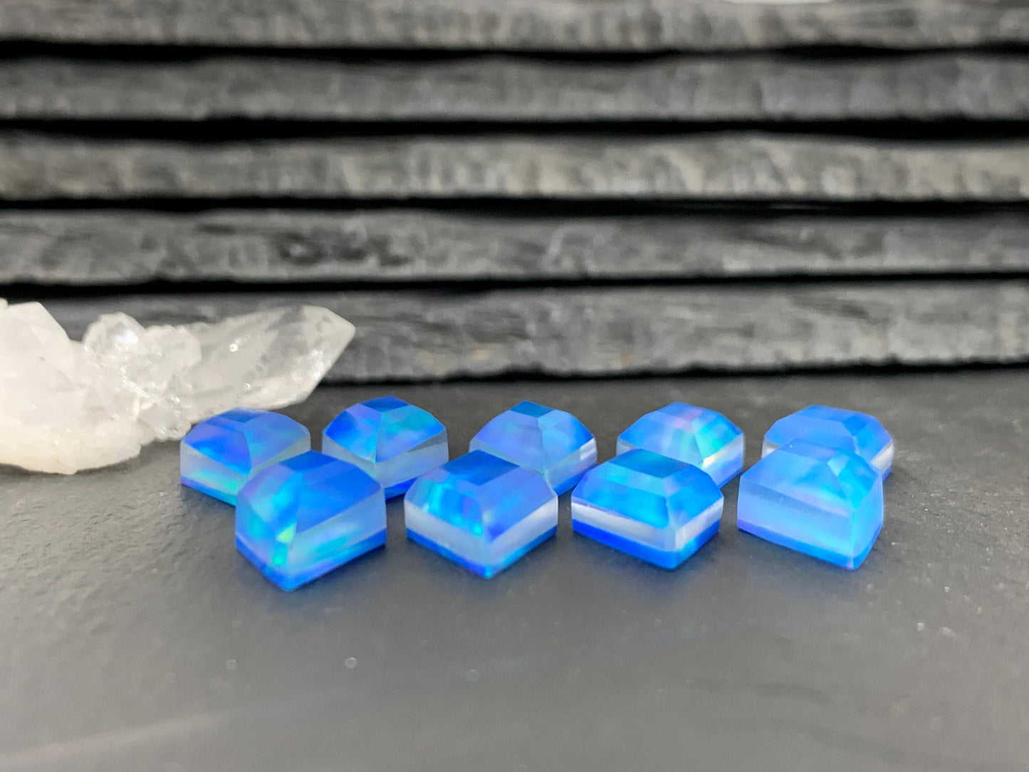 Faceted Aurora Opal rhombus 10x20mm cabochon - Doublet cabochons