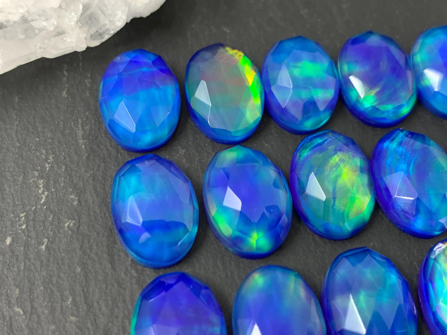 Faceted Aurora Opal oval 10x14mm cabochons - Doublet cabochons