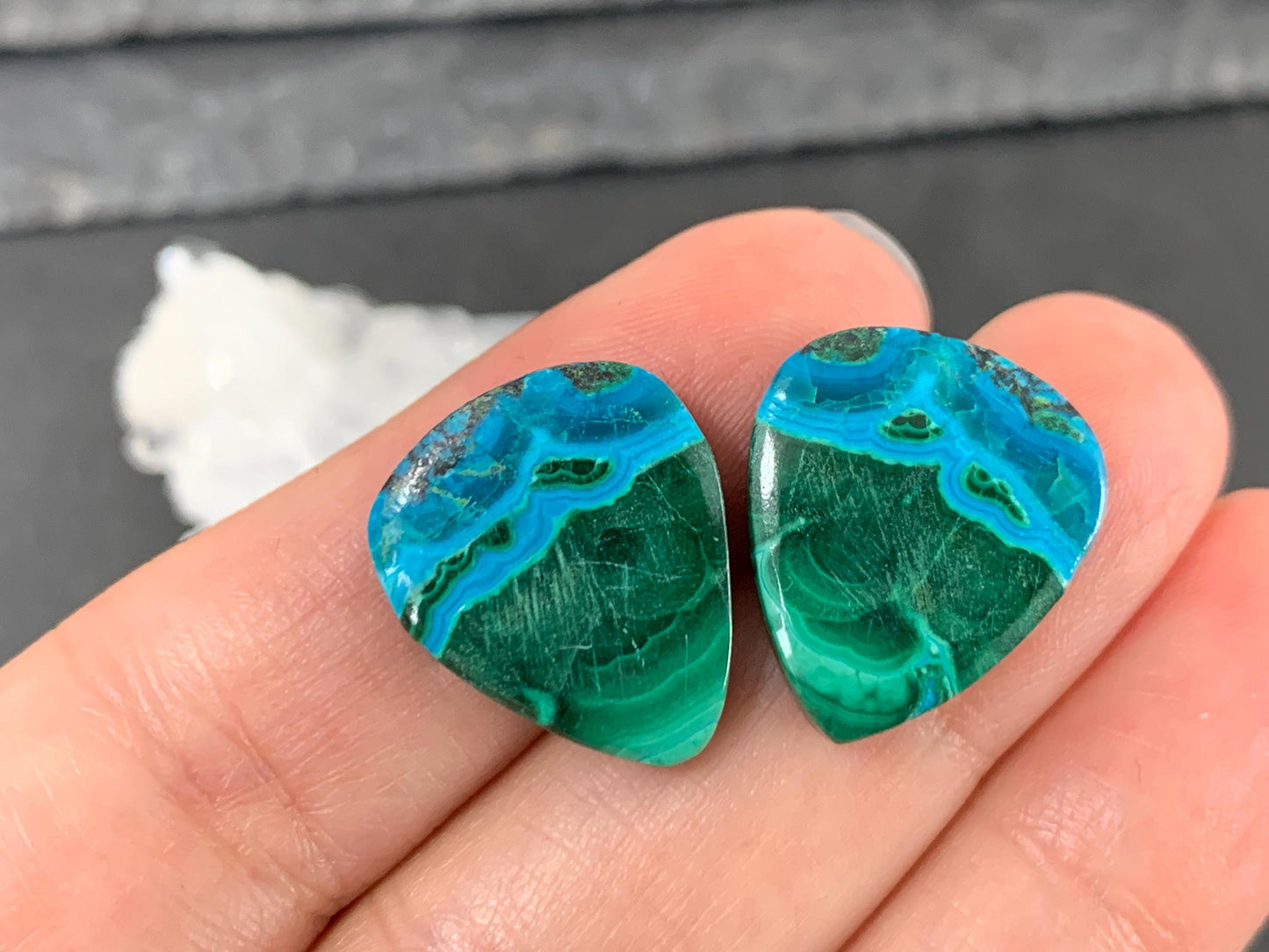 Malachite Chrysocolla pear 15x18x4.5mm cabochon pair