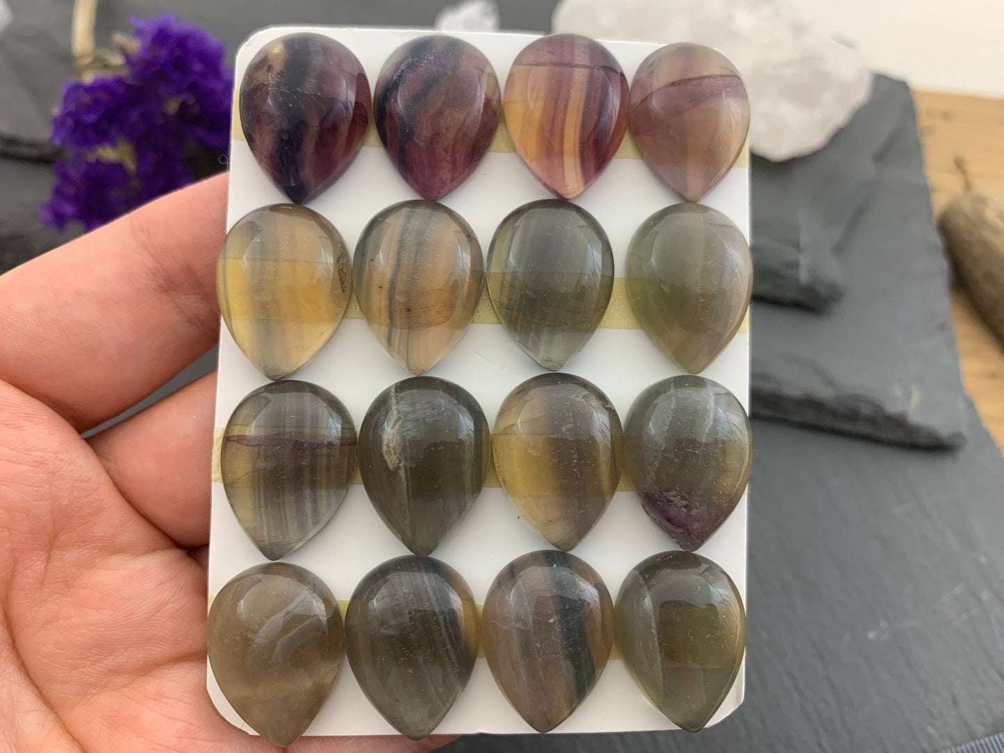 Green- Yellow Fluorite pear 15x20mm Cabochon - Calibrated cabochons