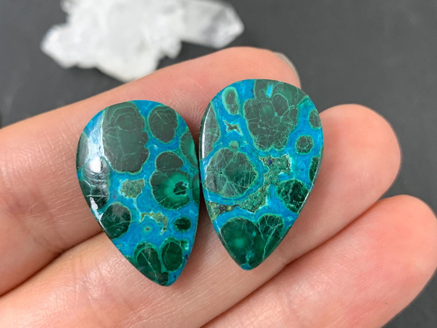 Malachite Chrysocolla pear 15x24x4mm cabochon pair