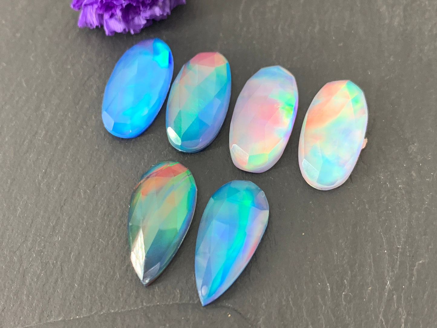 Faceted Aurora Opal oval, pear 10x20mm cabochon - Doublet cabochons