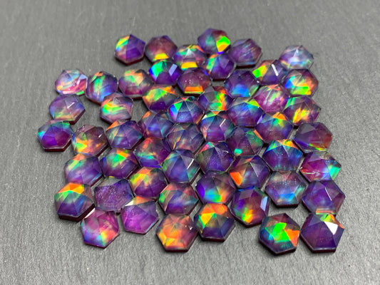 Faceted Aurora Opal hexagon 7mm & 8mm cabochon - doublet cabochons