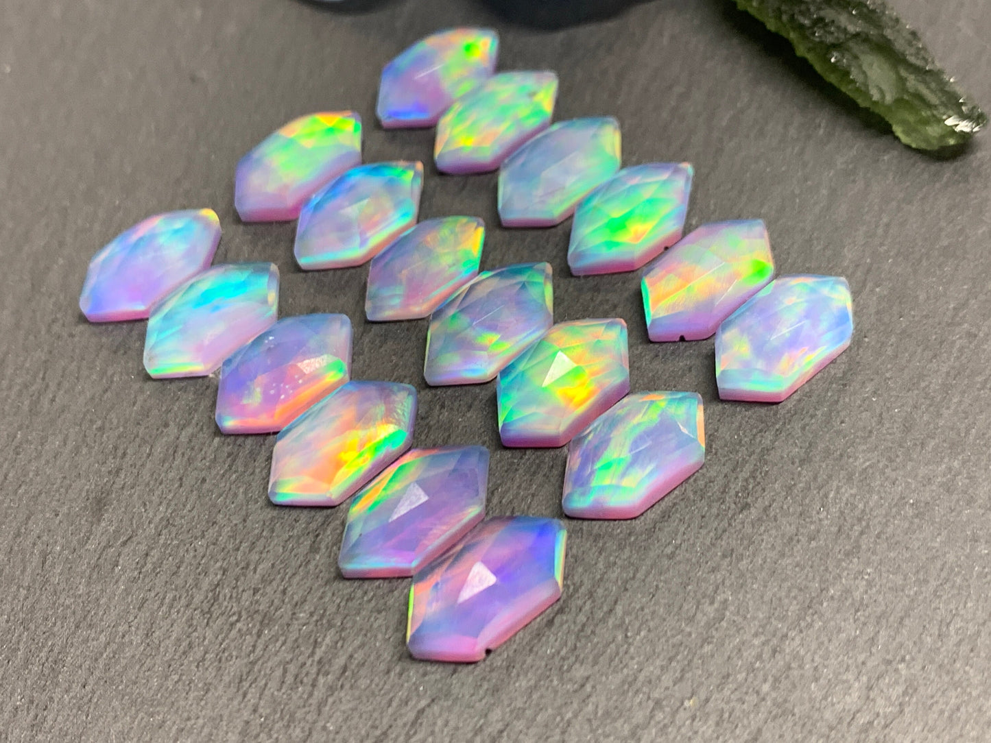 Faceted Aurora Opal long hexagon 8x16m cabochon - Doublet cabochons