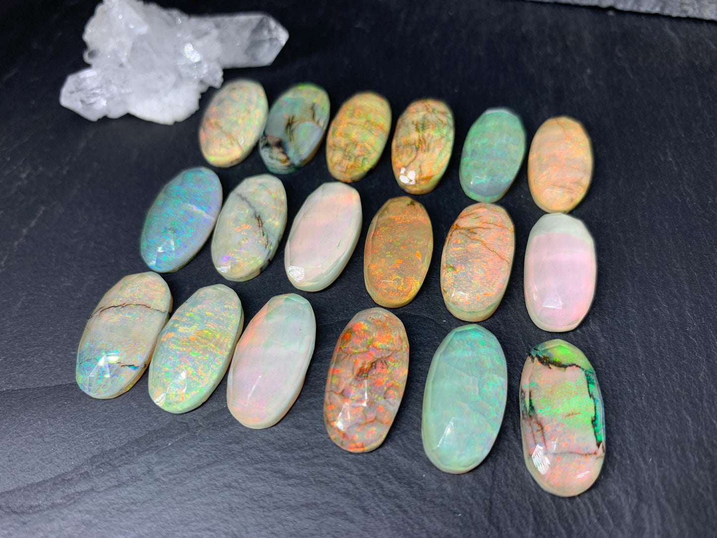 Faceted Monarch Opal oval 10x20mm cabochons - Doublet cabochons