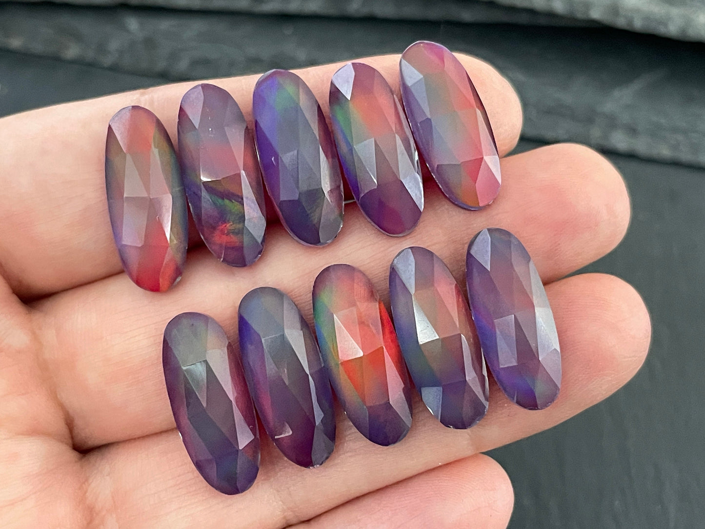 Faceted Aurora Opal oval 8x20mm cabochon - Doublet cabochons