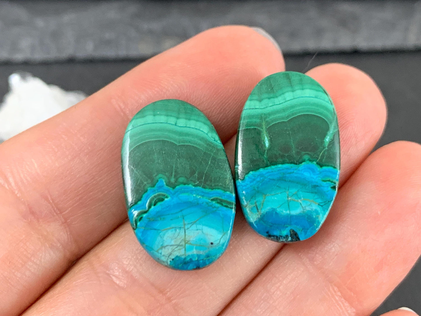 Discounted Malachite Chrysocolla oval 14x22x4mm cabochon pair