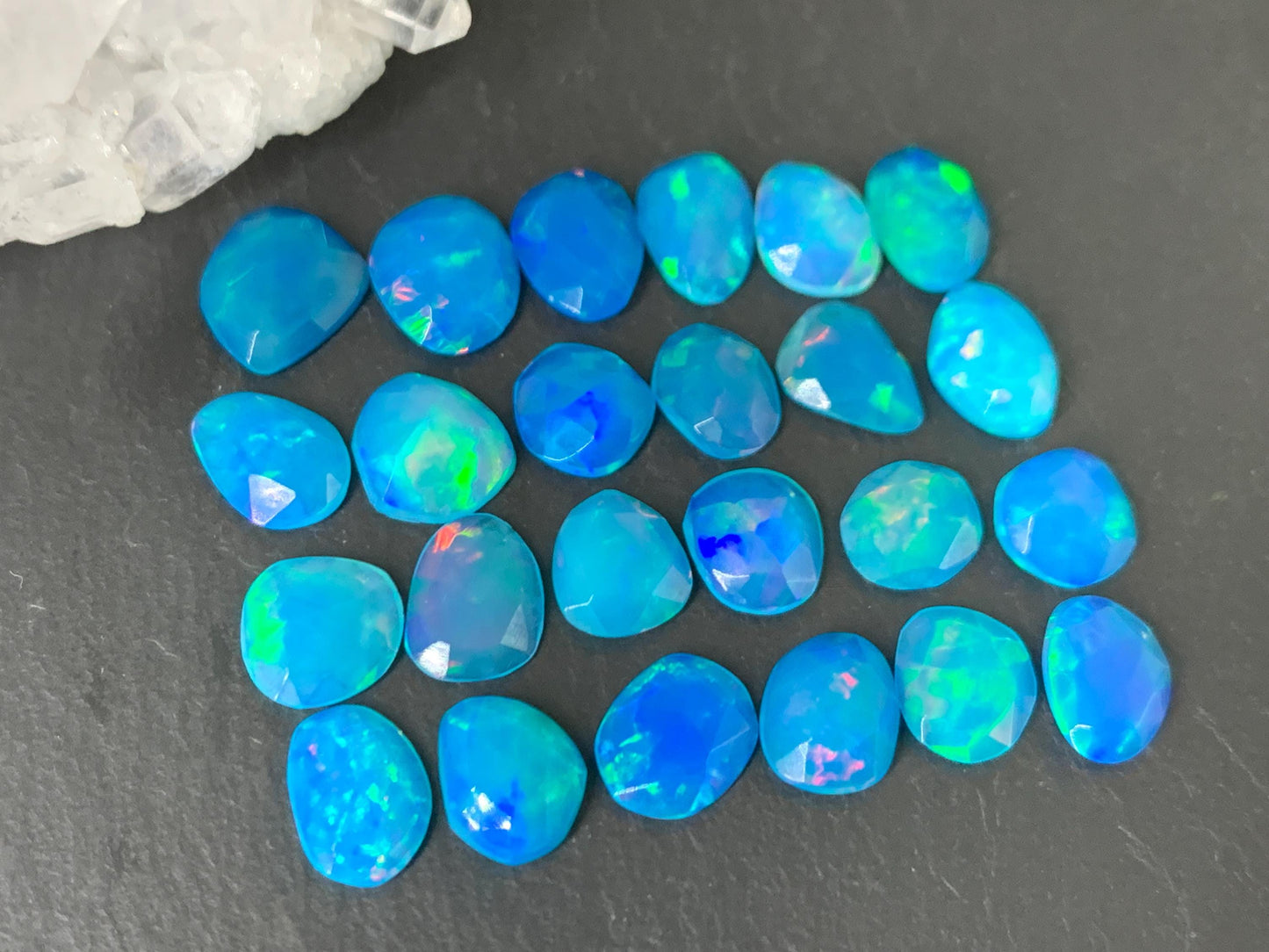 Faceted Blue Ethiopian Opal 7-9mm long cabochon