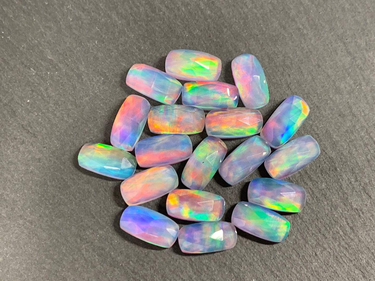 Faceted Aurora Opal rectangle cushion 7x14mm cabochon - Doublet cabochon