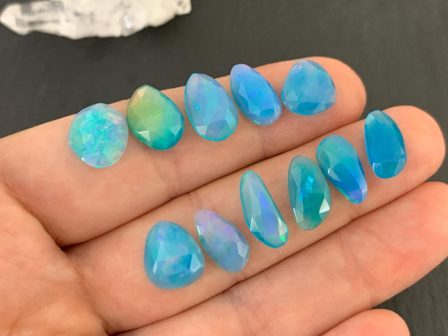 Faceted Blue Ethiopian Opal 10-13mm long cabochon