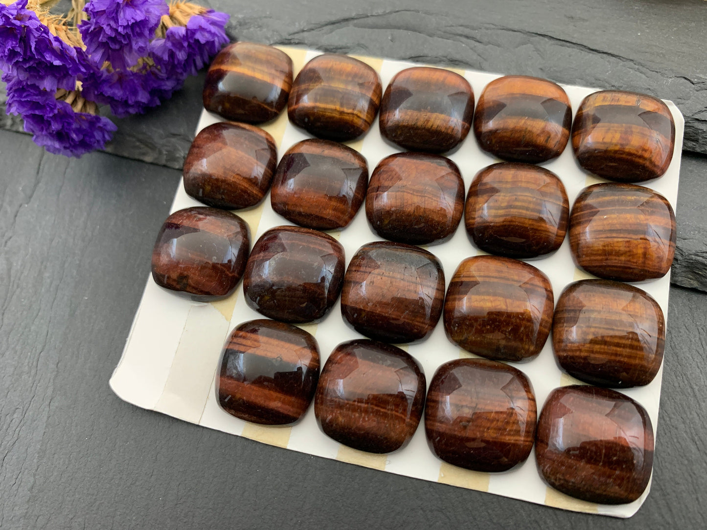 Faceted Red Tiger Eye square cushion 20mm cabochon - Calibrated cabochons