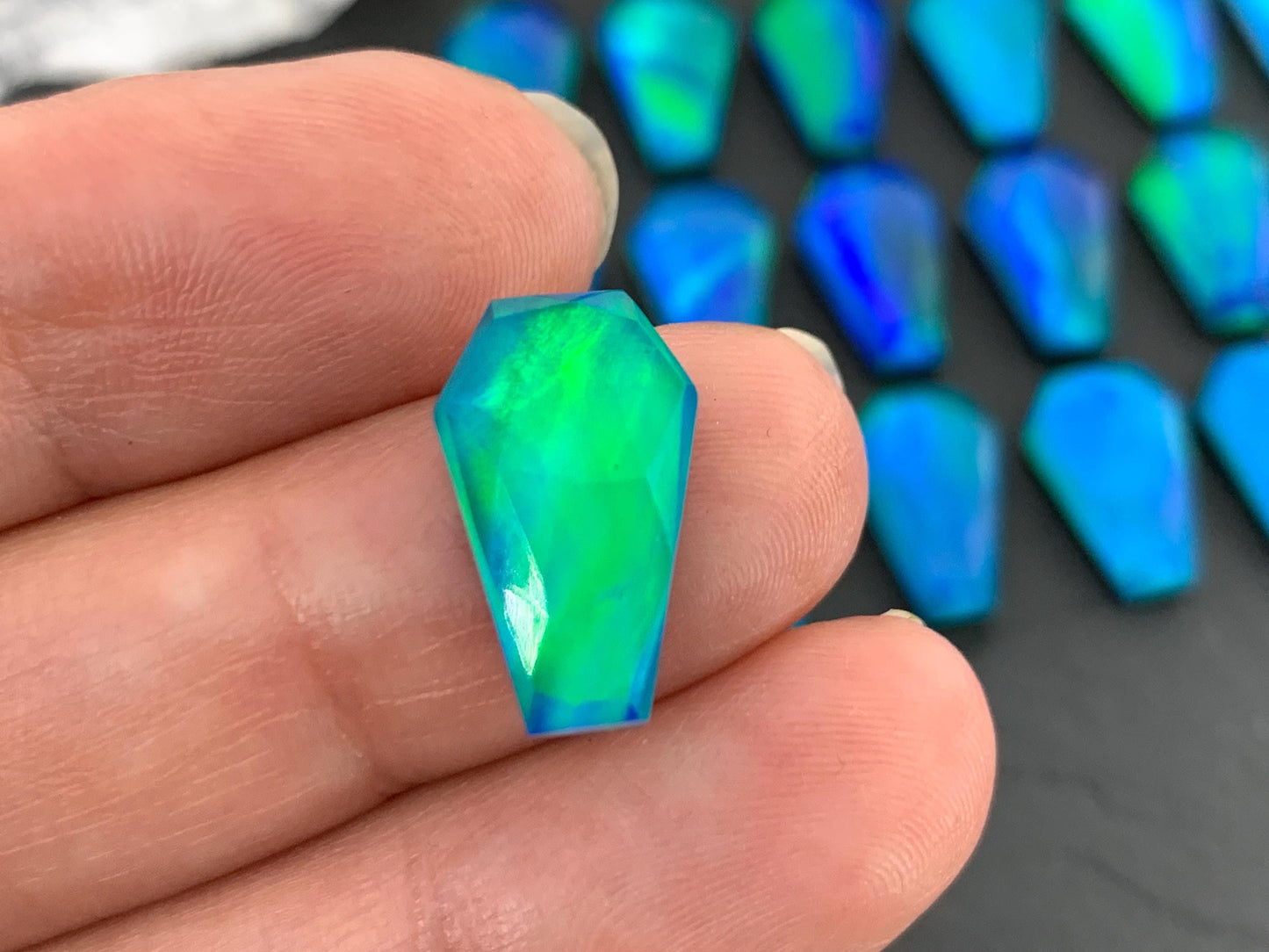 Faceted Aurora Opal coffin 10x16mm cabochon - Doublet cabochons