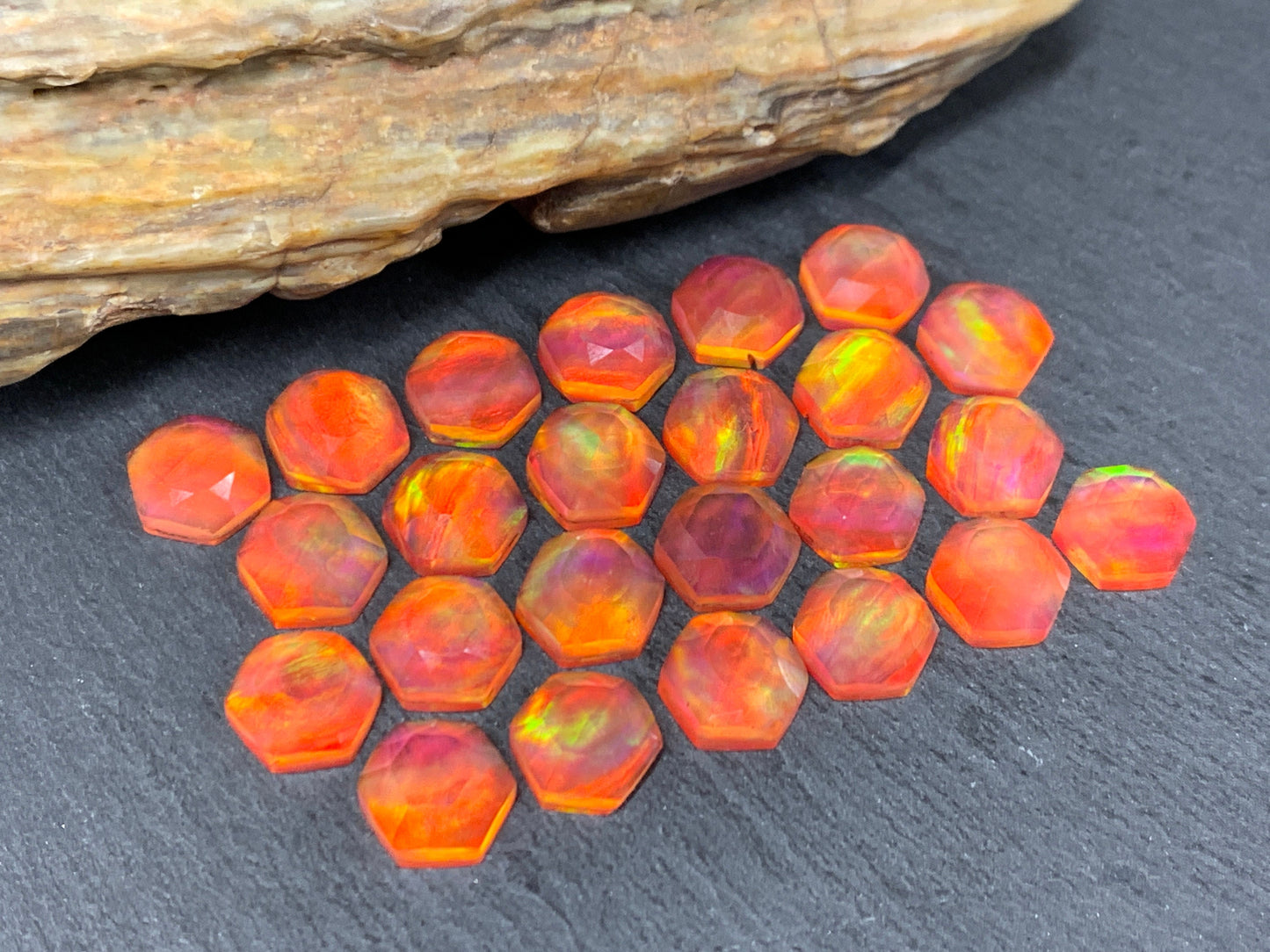 Faceted Orange Aurora Opal hexagon 10mm cabochon - Doublet cabochons