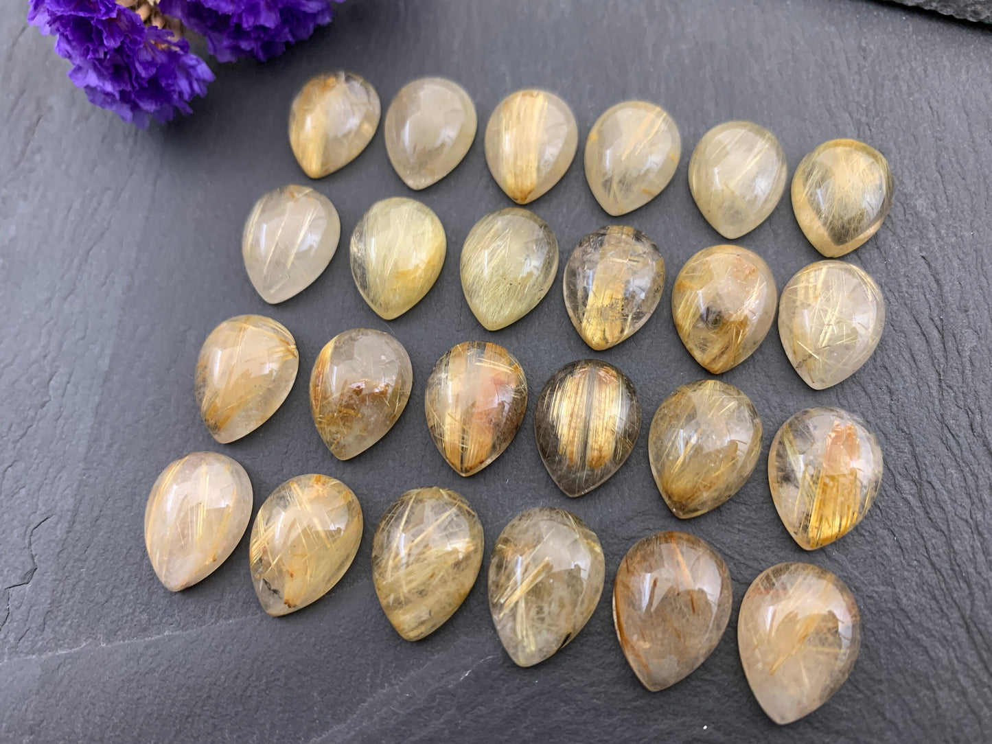 Gold Rutilated Quartz pear 12x16mm cabochon - Calibrated cabochons