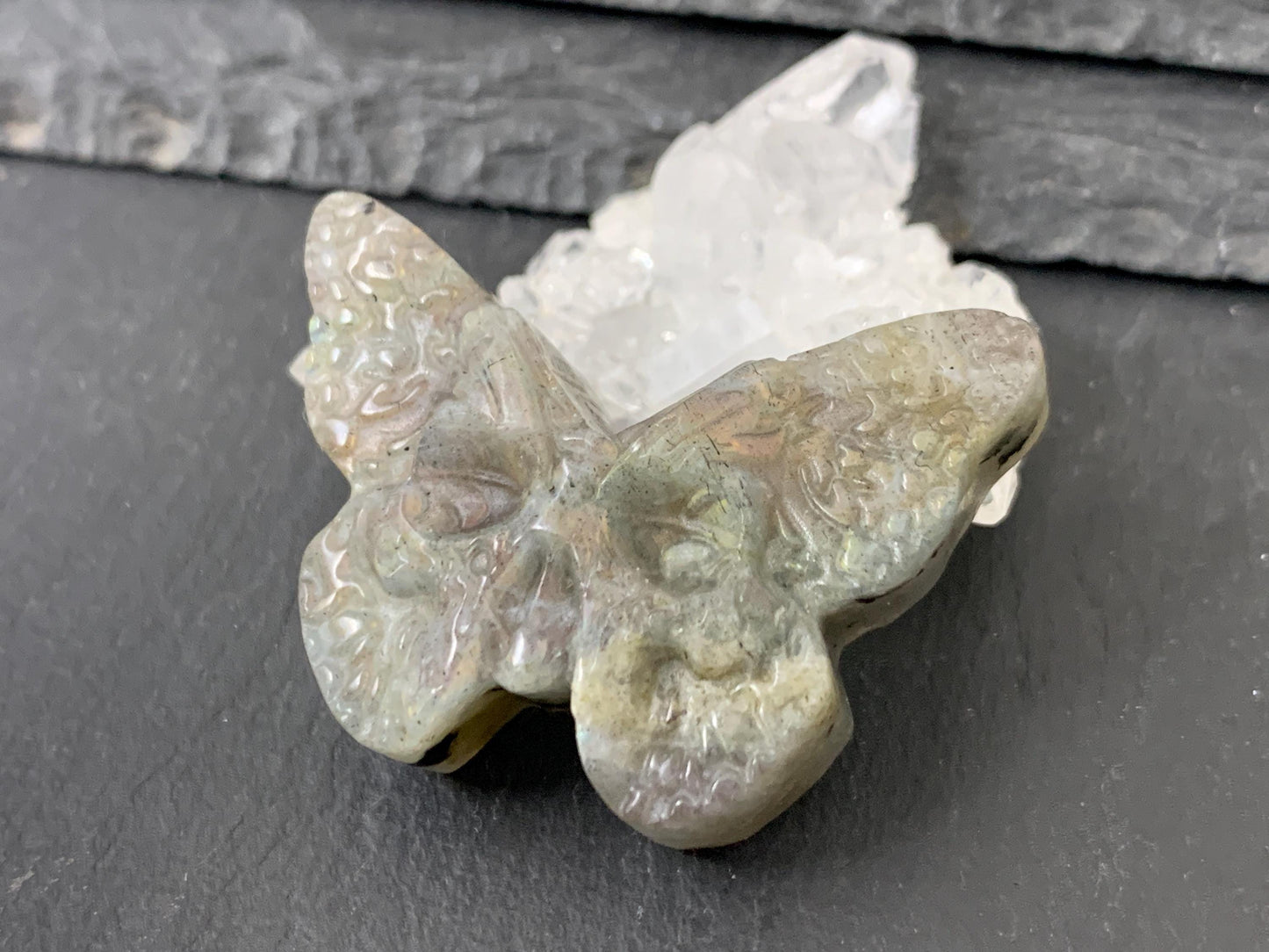 Labradorite Ghost Butterfly – Hand Carved Gemstone Flat Back Carving, Artisan Crystal Gift