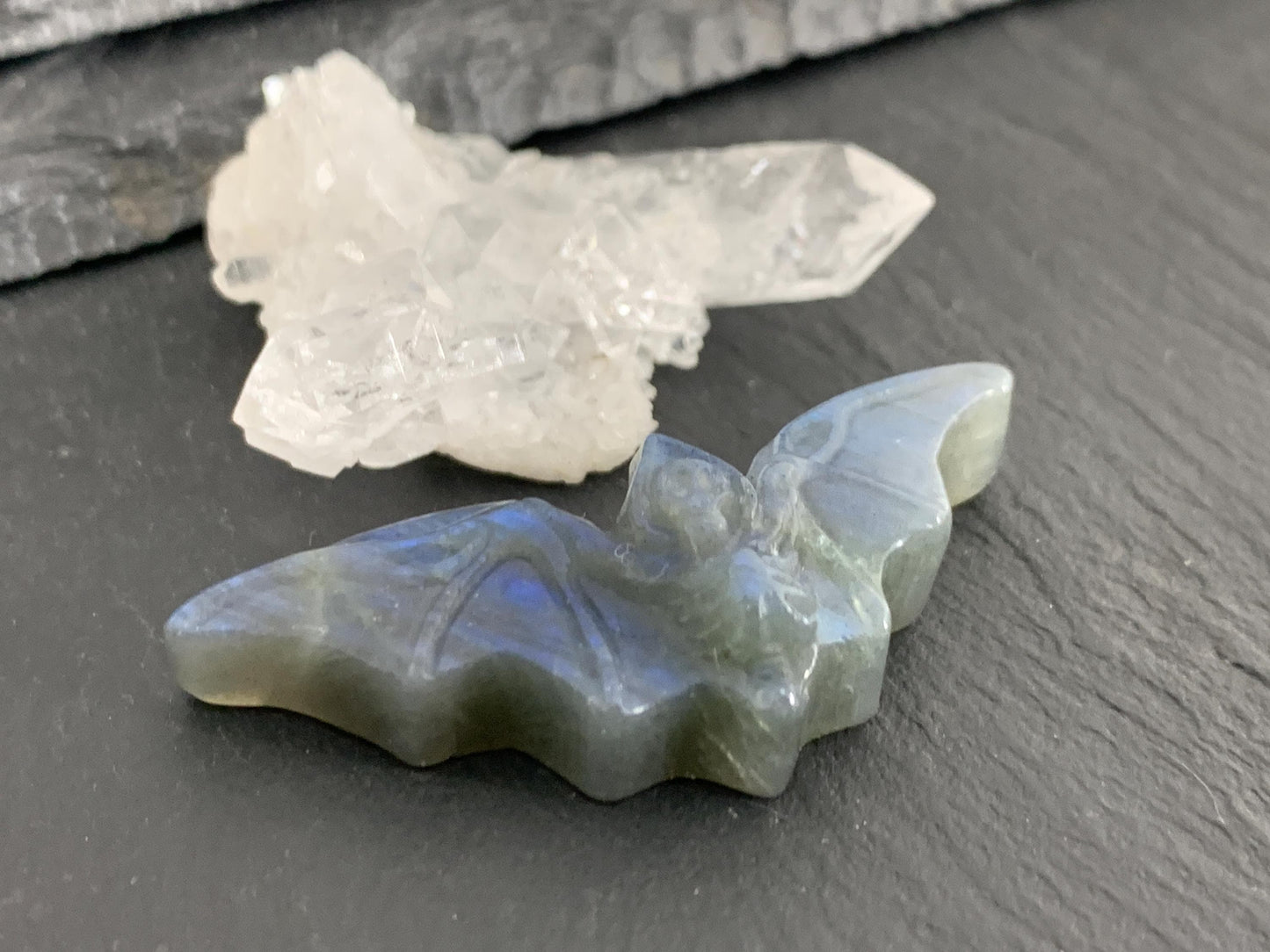 Labradorite skeleton bat 18x48mm flat back carving