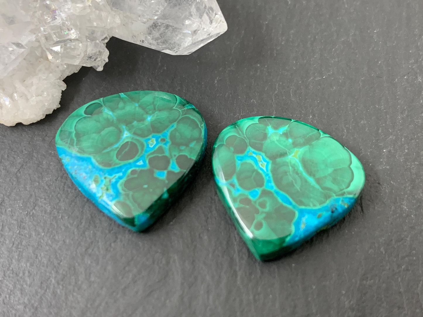 Malachite Chrysocolla pear 16x17x4mm cabochon pair