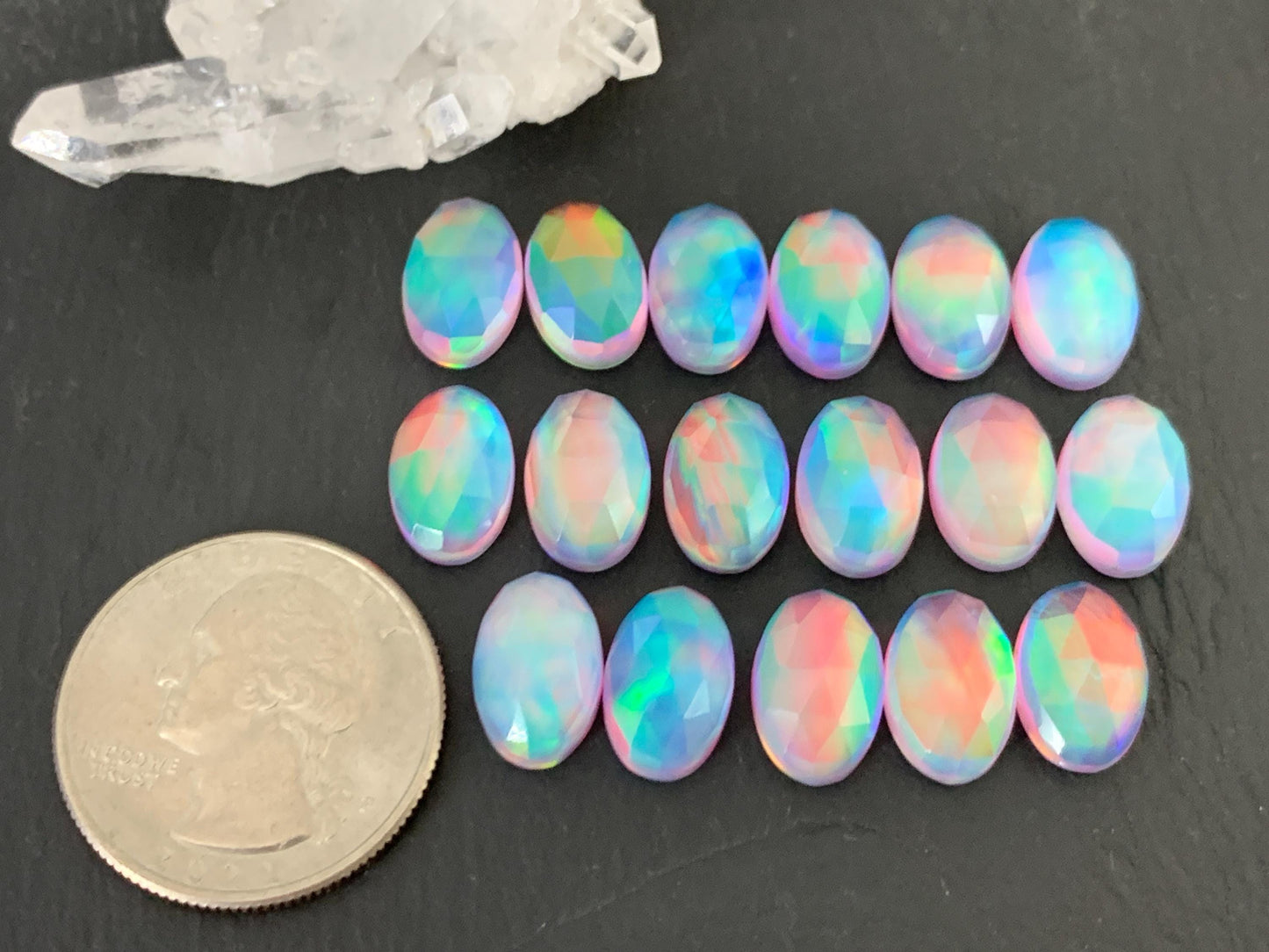 Faceted Aurora Opal oval 8x12mm cabochons - Doublet cabochons