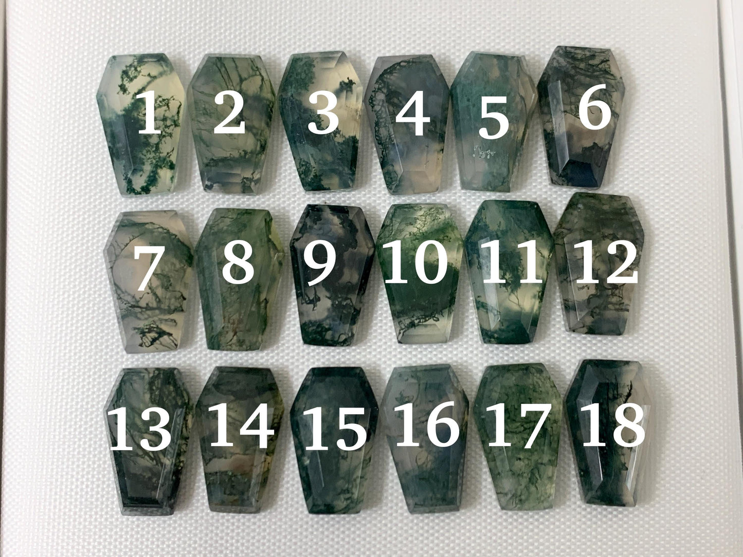 Faceted Moss Agate coffin 10x16mm cabochon