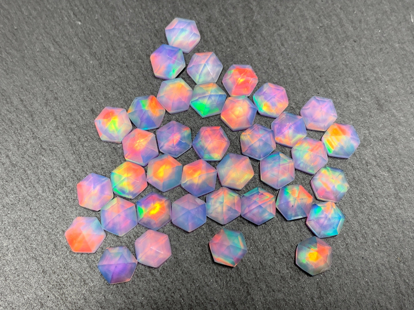 Faceted Aurora Opal hexagon 7mm cabochon - Doublet cabochons