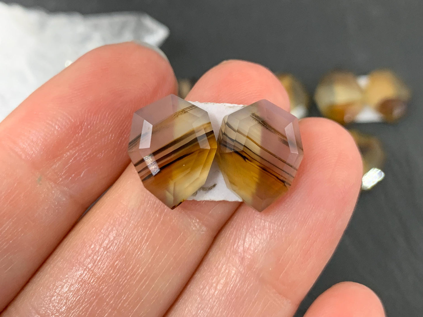 Faceted Montana Agate 13-14mm long cabochon - Buy by pair