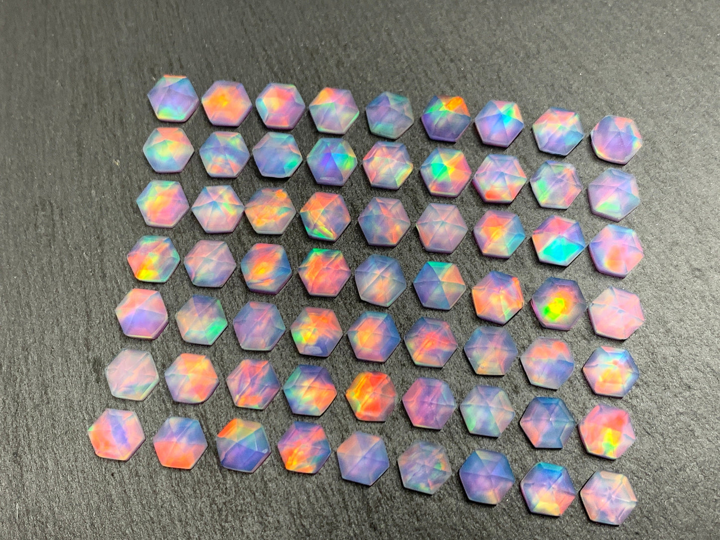 Faceted Aurora Opal hexagon 7mm cabochon - Doublet cabochons
