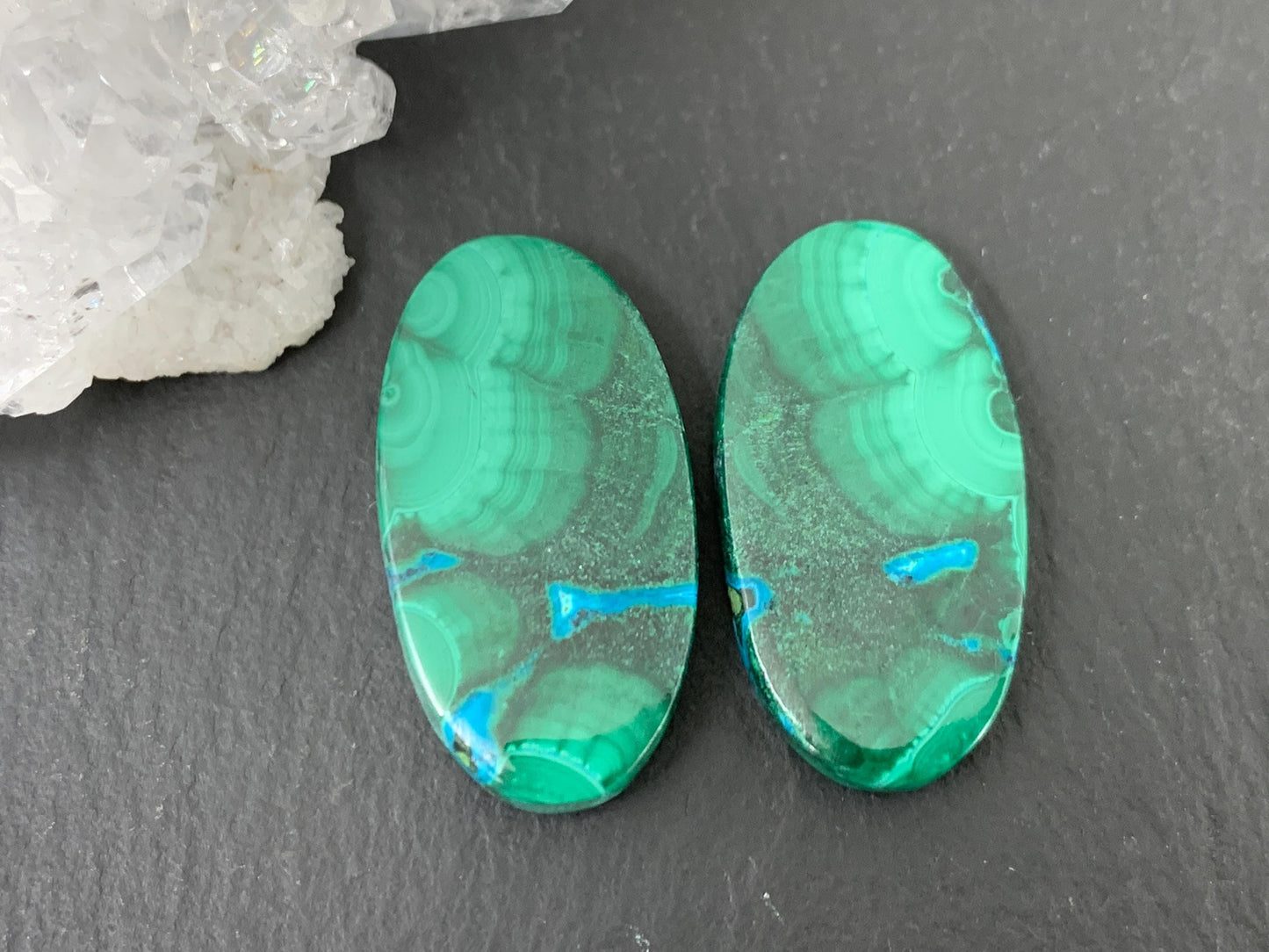 Malachite Chrysocolla oval 14x26x4.5mm cabochon pair