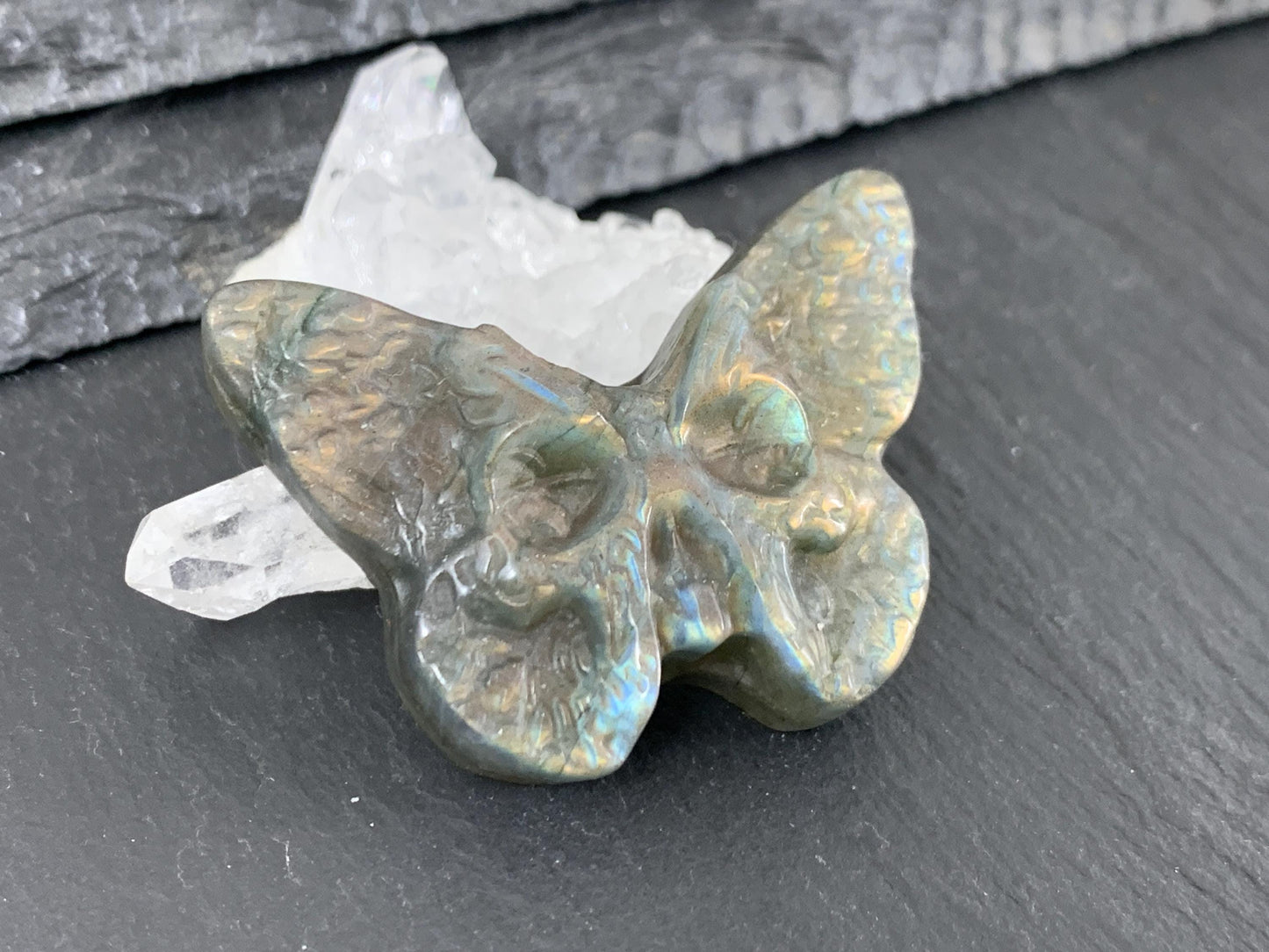 Labradorite Butterfly Carving - 29x40mm Flat Back Natural Gemstone, Unique Design