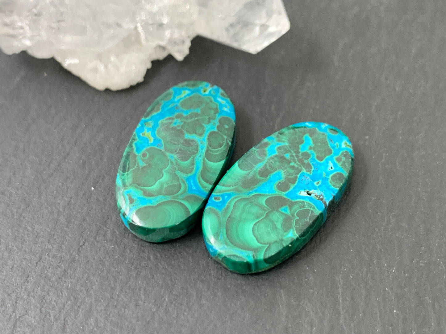 Discounted Malachite Chrysocolla oval 13x24x4mm cabochon pair