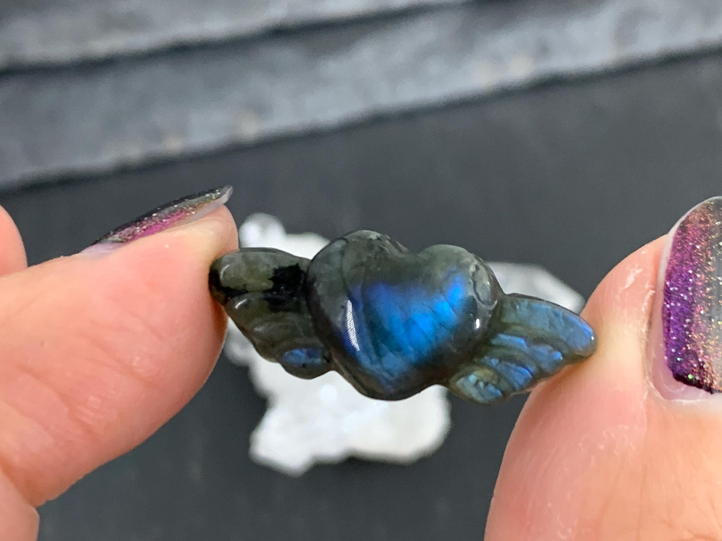 Labradorite Heart with Wings 25x10mm. Hand Carved Gemstone
