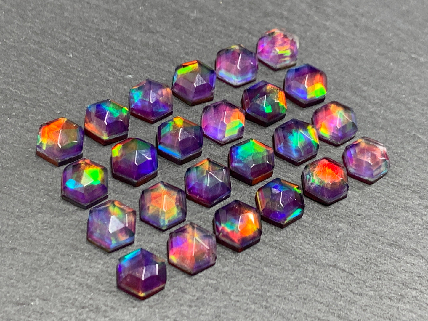 Faceted Aurora Opal hexagon 7mm cabochon - Doublet cabochons