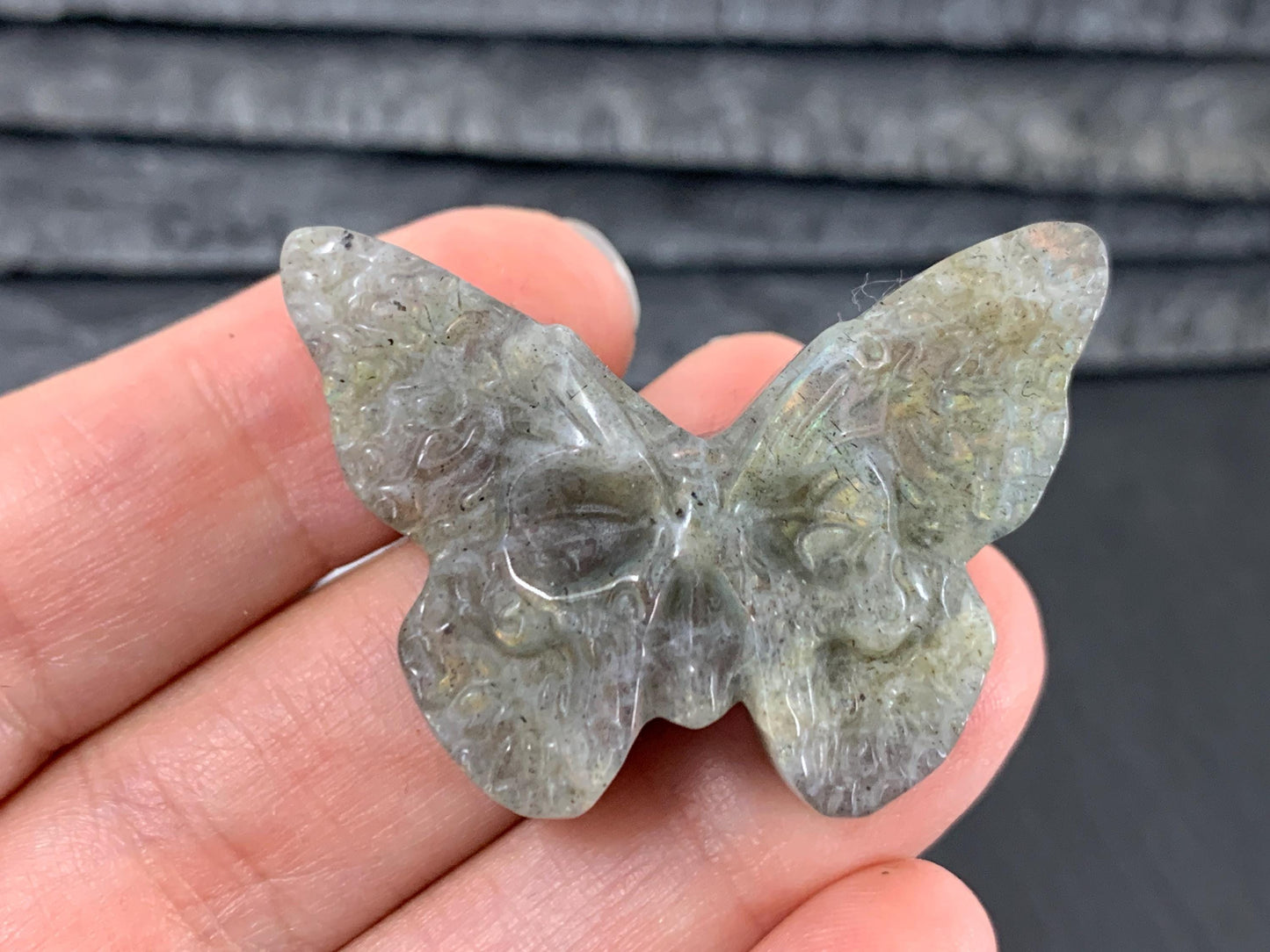 Labradorite Ghost Butterfly – Hand Carved Gemstone Flat Back Carving, Artisan Crystal Gift