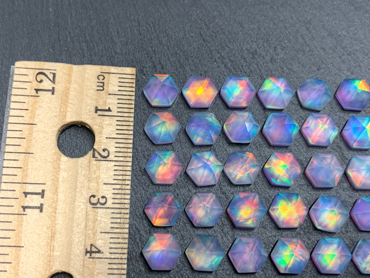 Faceted Aurora Opal hexagon 7mm cabochon - Doublet cabochons