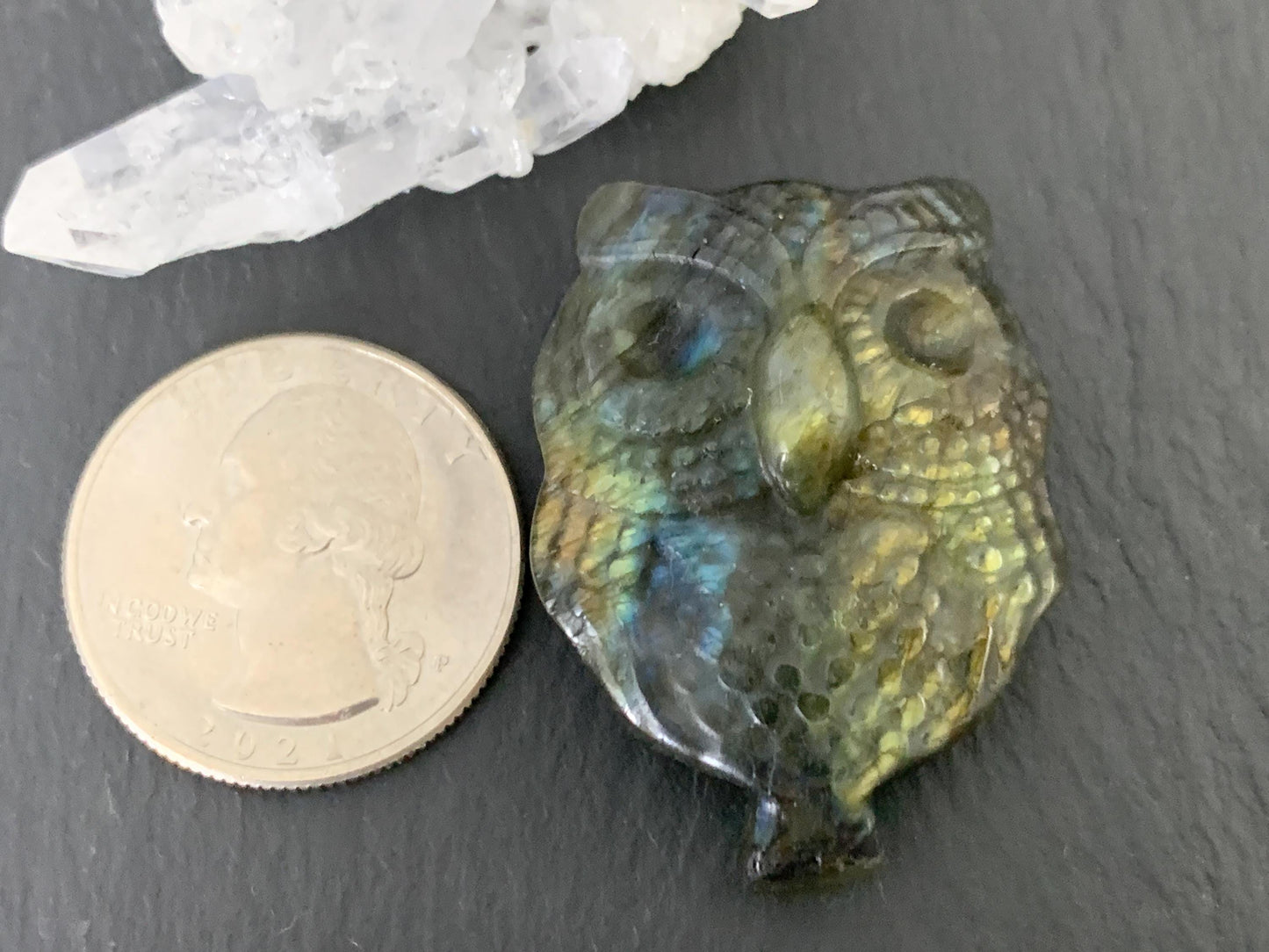 Labradorite owl 27x36mm cabochon carving