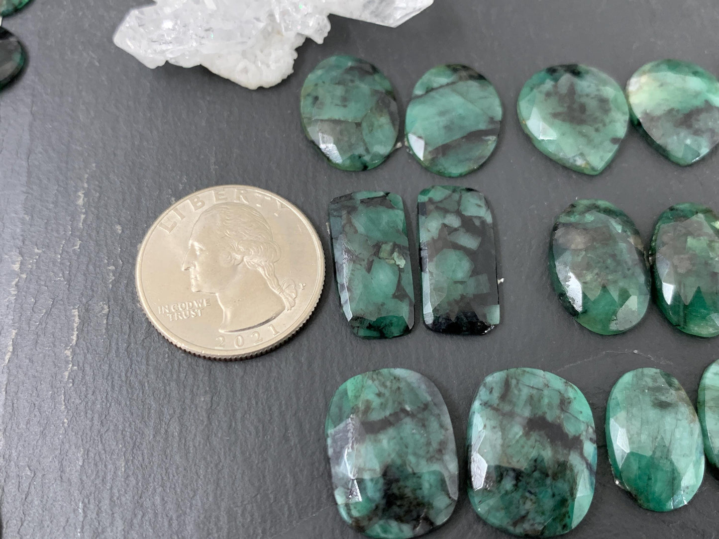 Faceted Emerald Pair 16-21mm long Cabochon