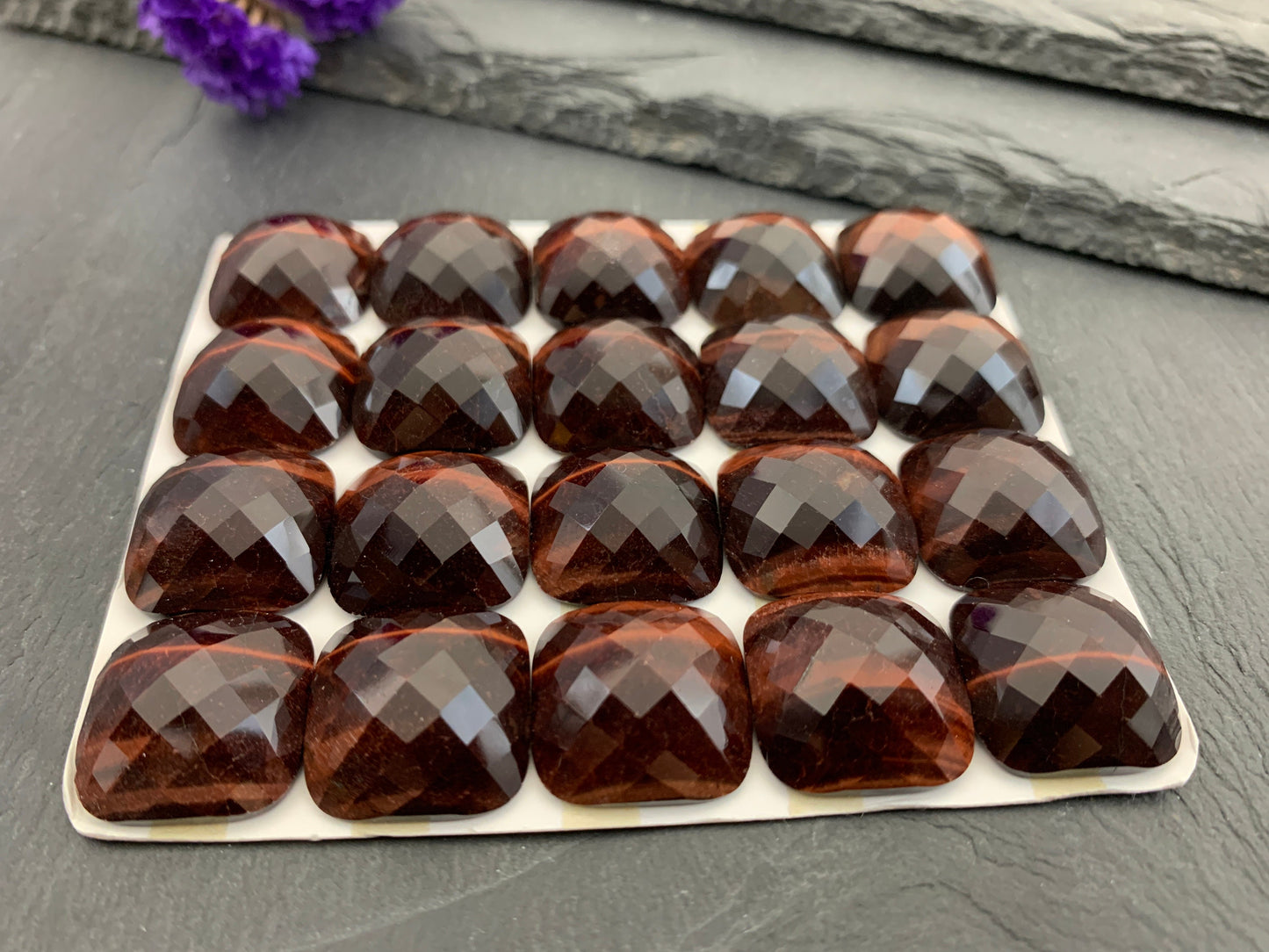 Faceted Red Tiger Eye square cushion 18mm cabochon - Calibrated Cabochons