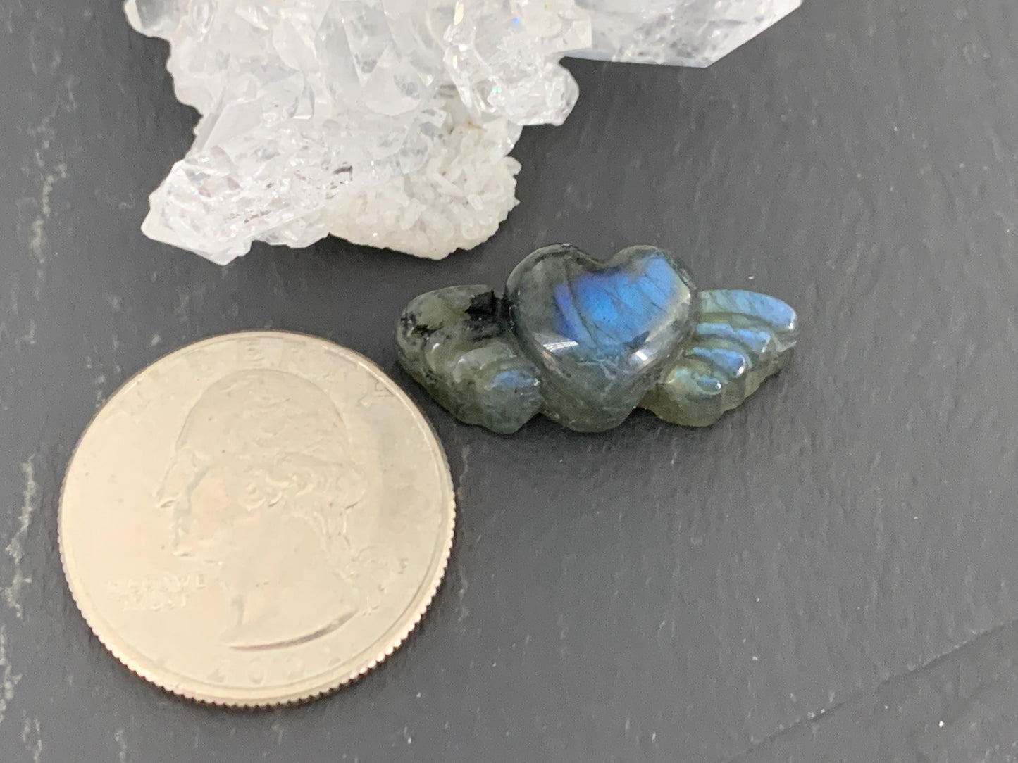 Labradorite Heart with Wings 25x10mm. Hand Carved Gemstone