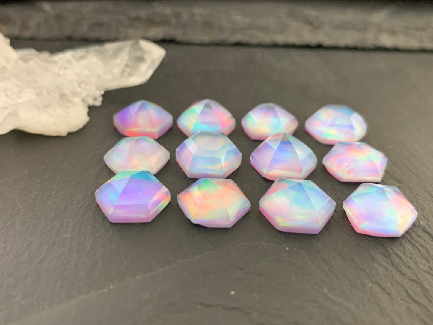 Faceted Aurora Opal hexagon 10mm cabochon - Doublet cabochons