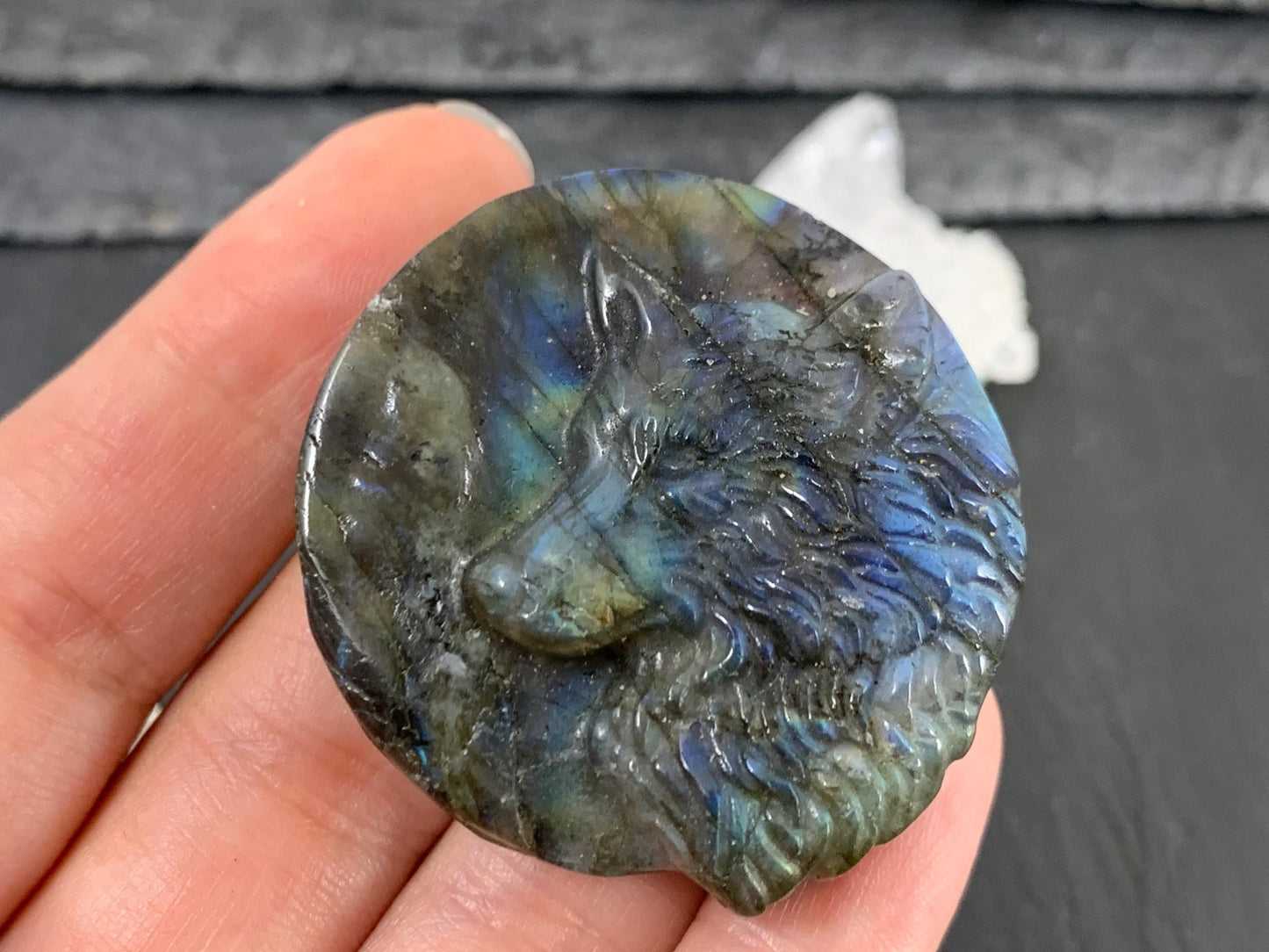 Wolf Labradorite Carving - 41mm Natural Flat Back Gemstone Pendant