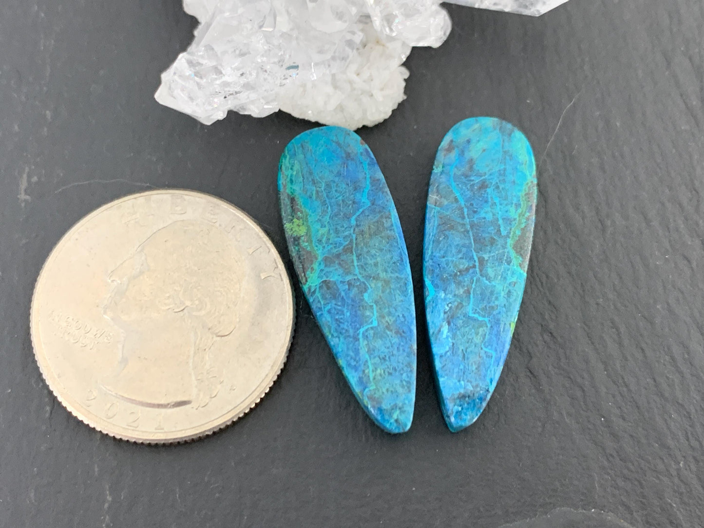 Chrysocolla pear 10x29x5mm cabochon pair