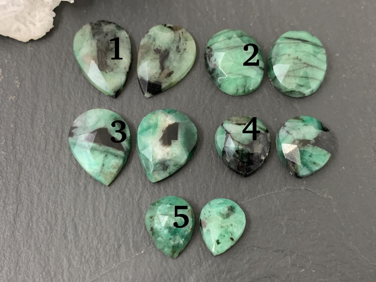 Faceted Emerald Pair 10-16mm long cabochons