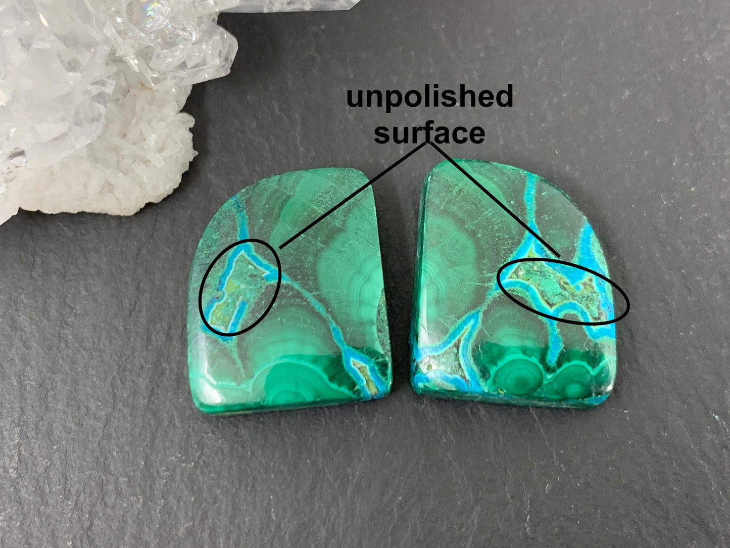 Malachite Chrysocolla free form 14x17x5mm cabochon pair