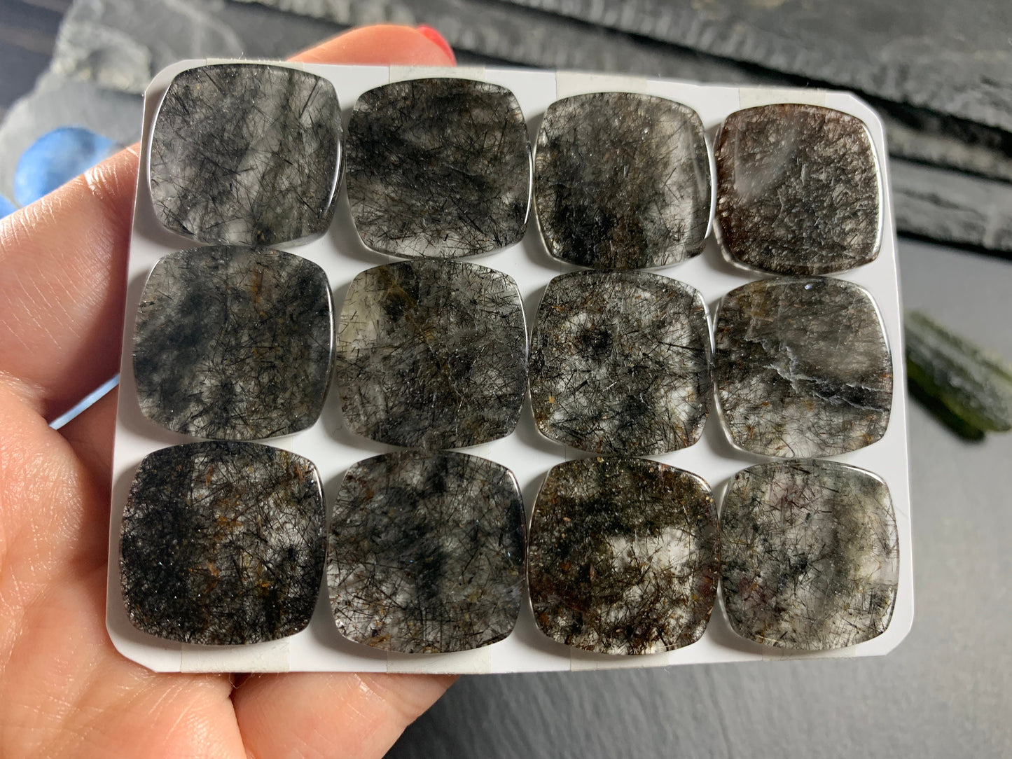 Flat Black Rutilated Quartz square cushion 20mm cabochon - Calibrated Cabochons