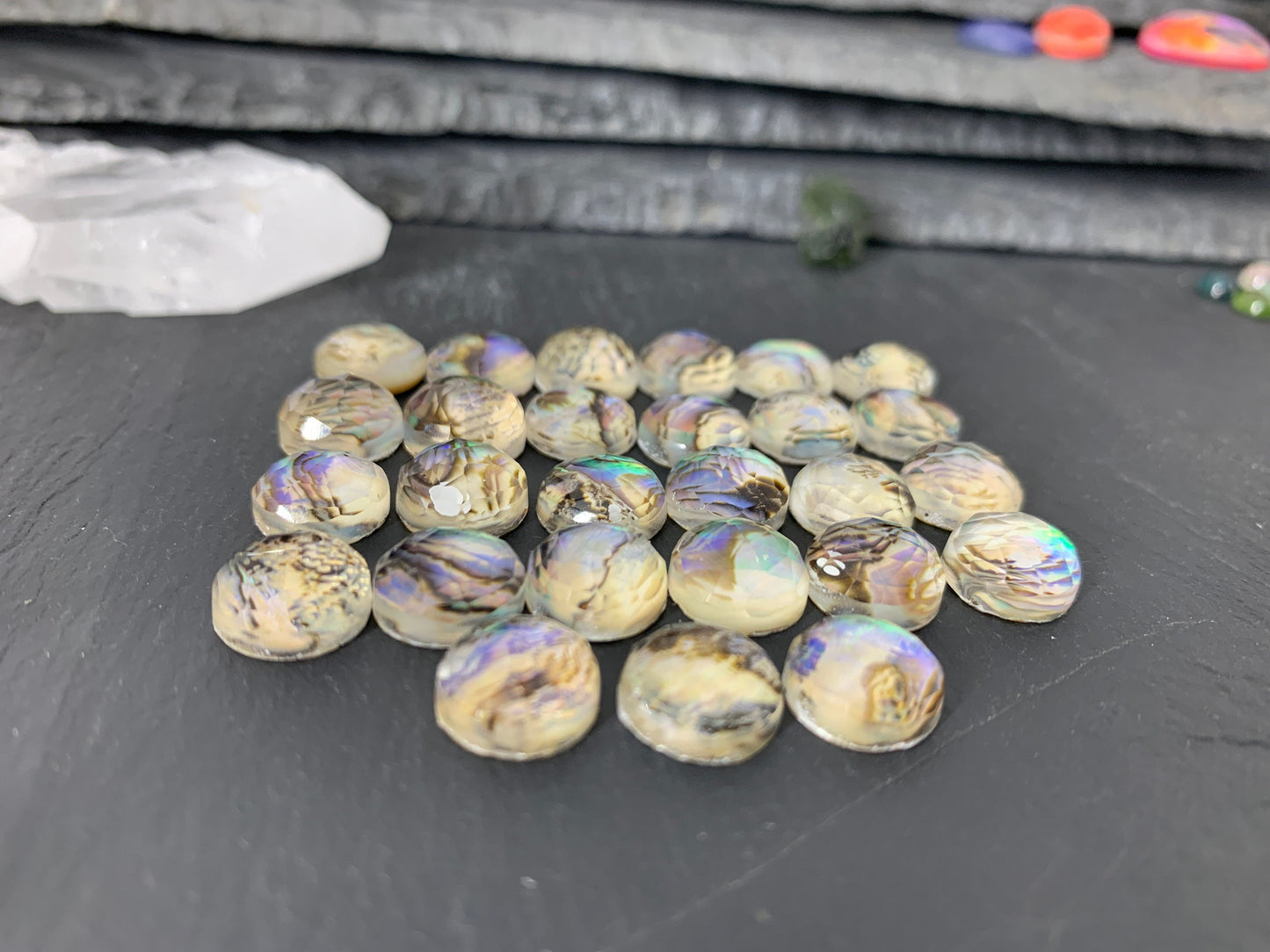 Faceted Abalone round 10mm doublet cabochon