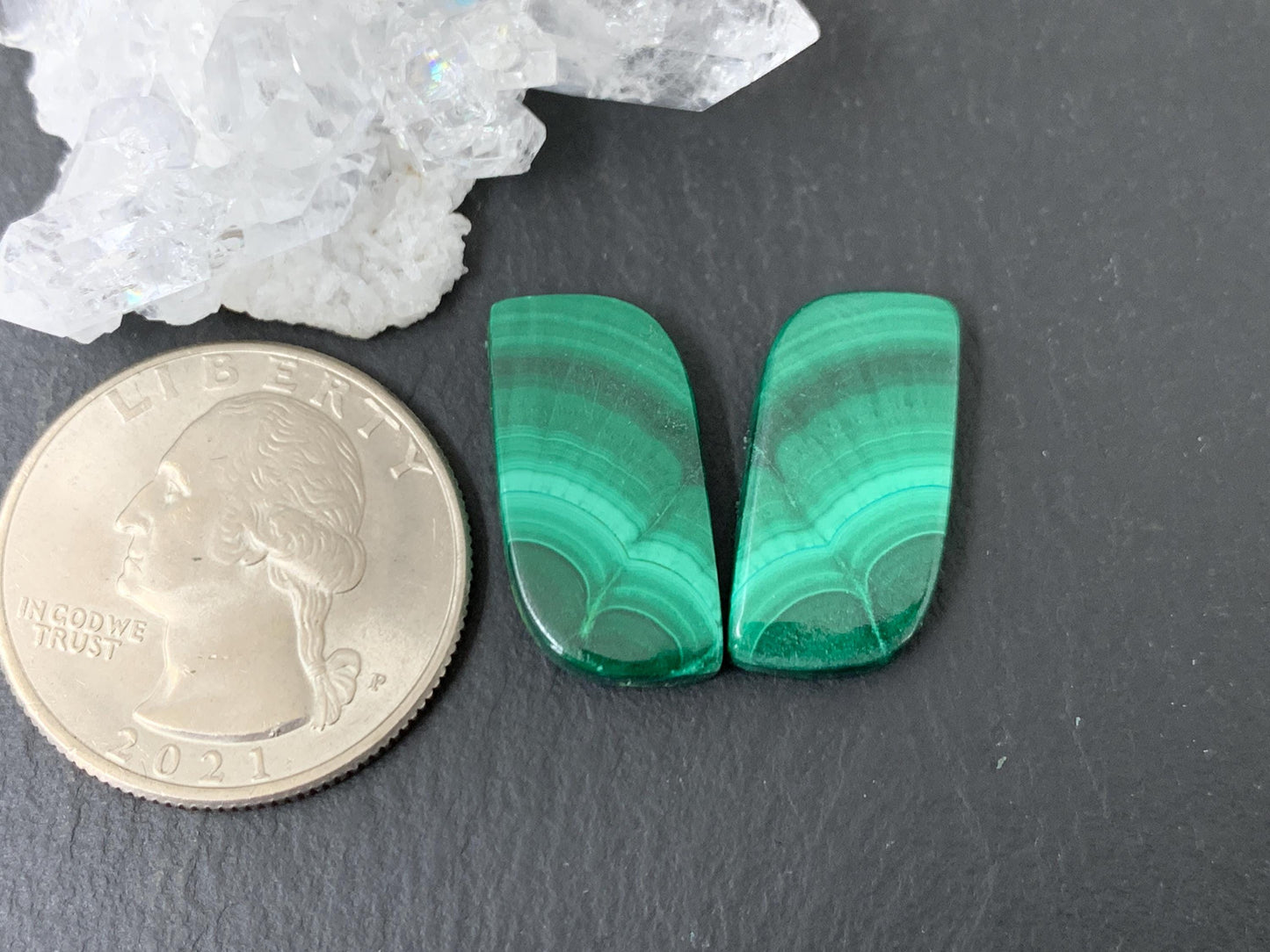 Malachite free form 10x20x4mm cabochon pair
