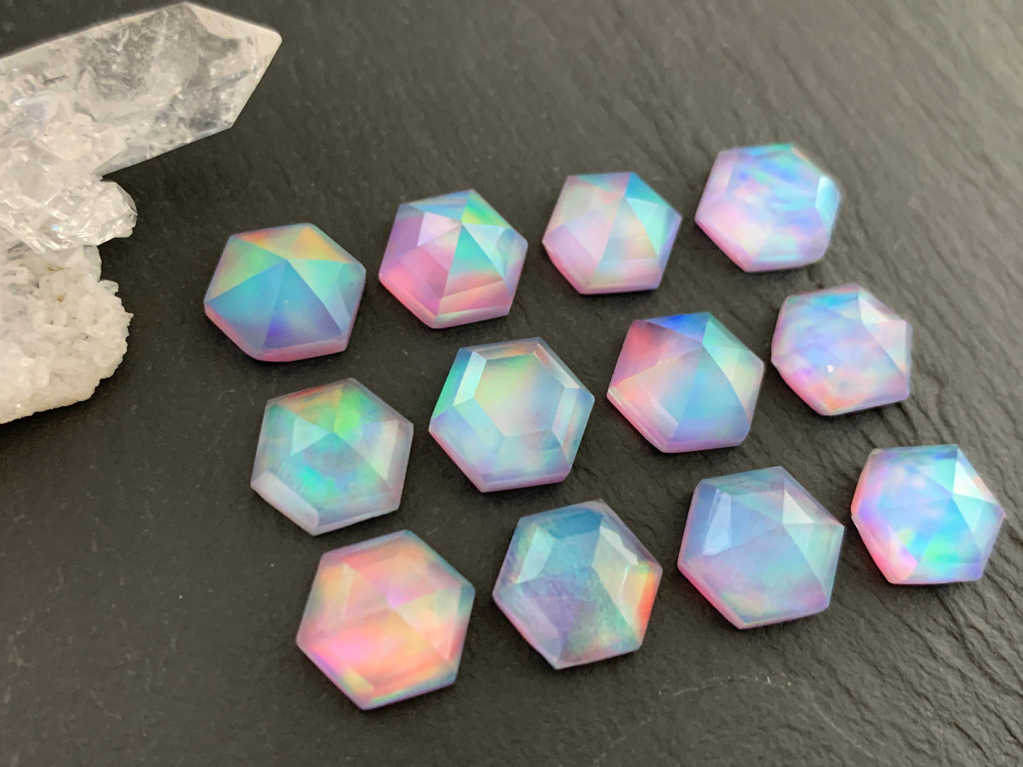 Faceted Aurora Opal hexagon 10mm cabochon - Doublet cabochons