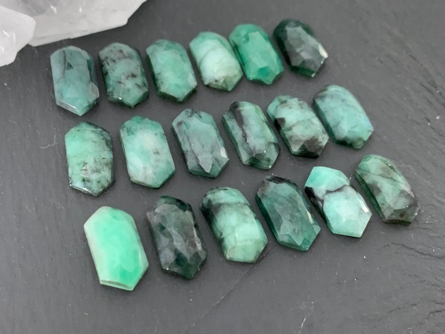 Faceted Emerald long hexagon 8x16mm cabochon