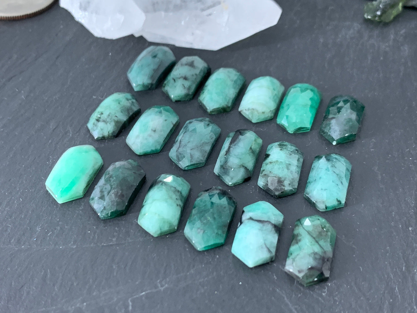 Faceted Emerald long hexagon 8x16mm cabochon