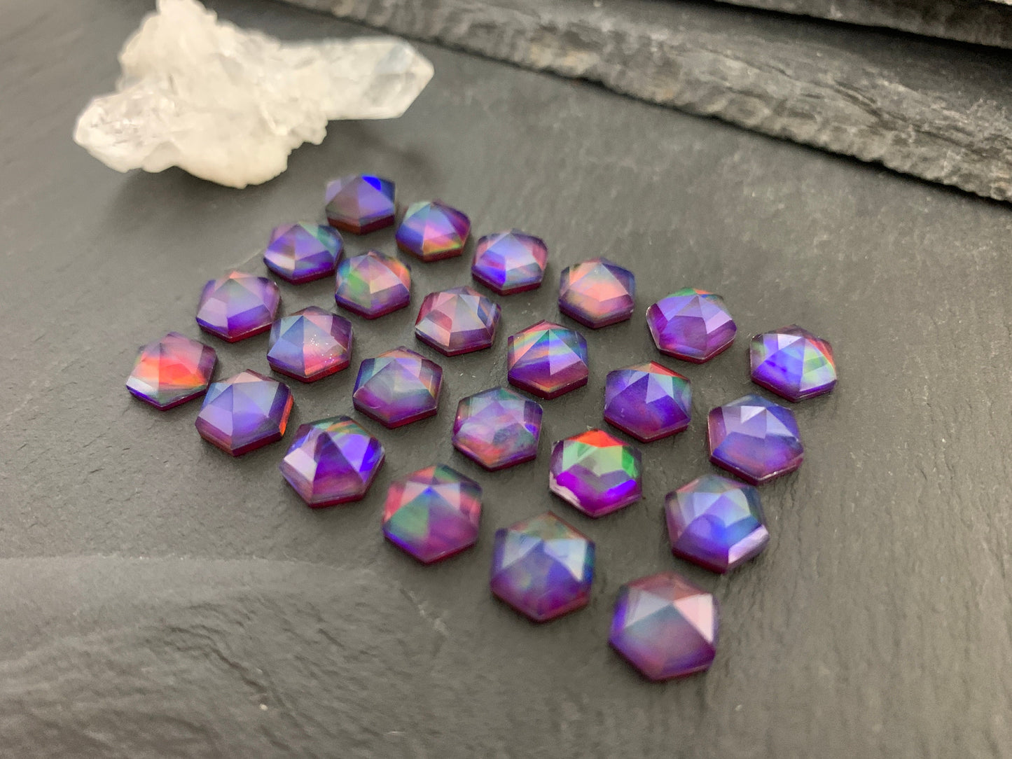 Faceted Aurora Opal hexagon 8mm cabochon - Doublet cabochons