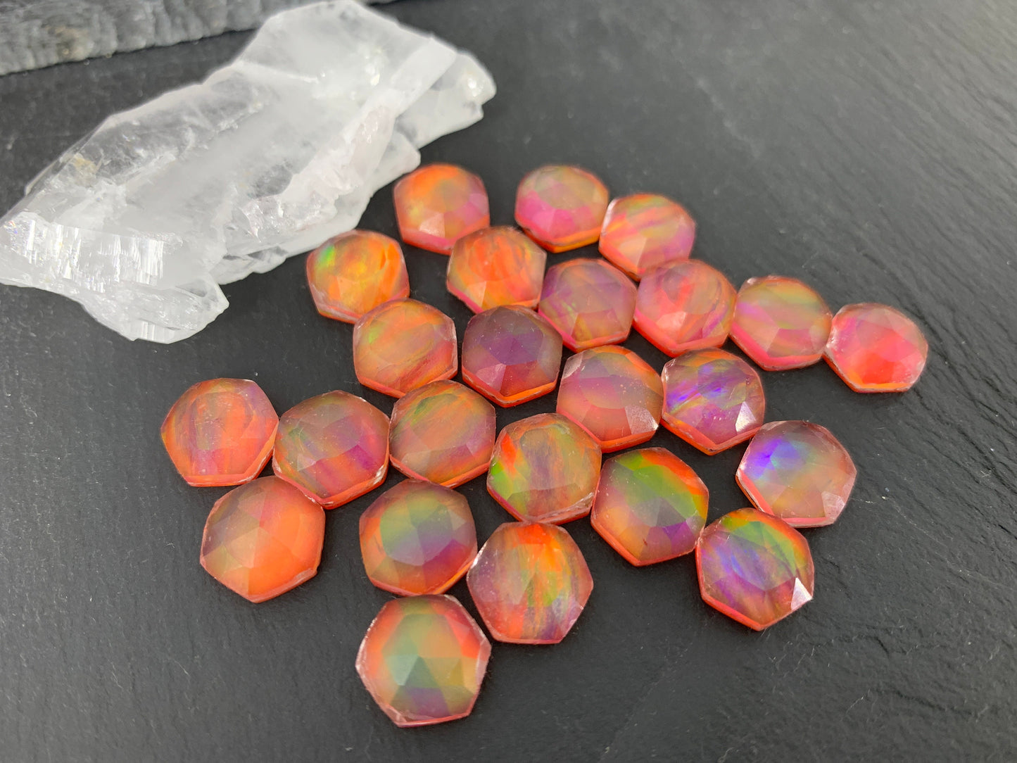 Faceted Orange Aurora Opal hexagon 10mm cabochon - Doublet cabochons
